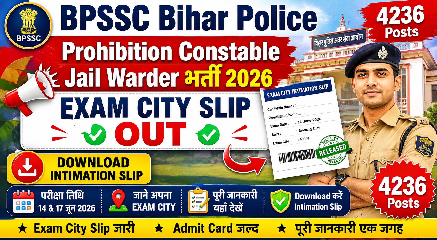 Bihar Police Prohibition Constable, Jail Warder 4236 Posts Exam City Slip 2026 Released, Download Intimation Slip